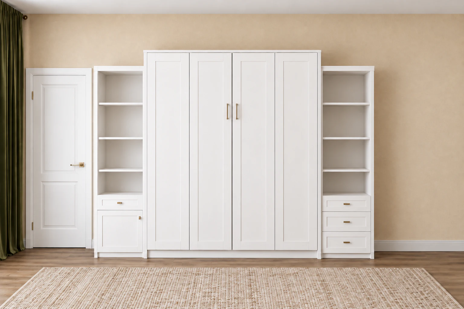 A closed vertical Murphy bed with a Shaker face, between a matching shelf-and-drawer tower on each side.